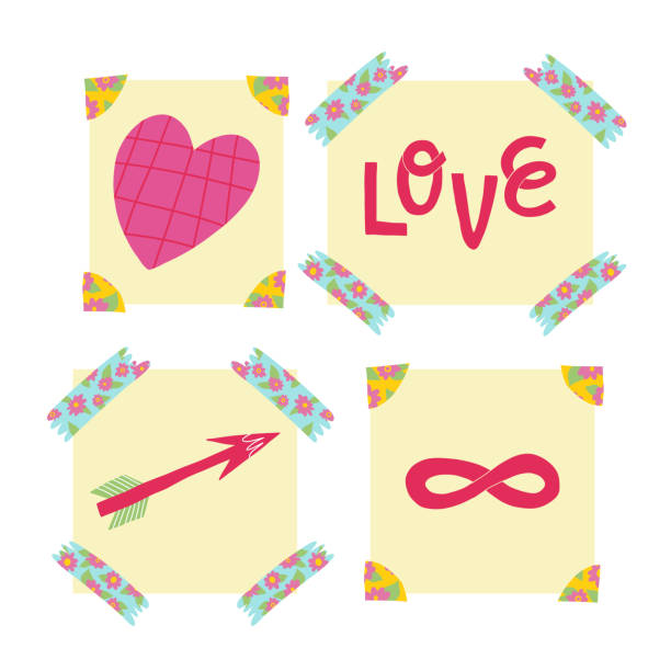A Cute Sticky Notes Set With Washi Tape And Photo Corners Happy Valentines  Day Stickers Wall Art Prints Or Paper Pages With Heart Love Arrow And  Infinity Sign Stock Illustration - Download