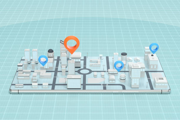 istock 3d city on the mobile phone with location pins, 3d rendering. 1287207814