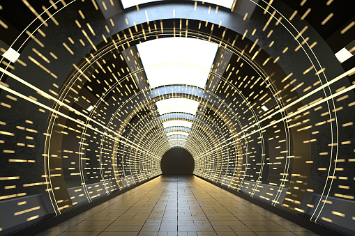 Dark round tunnel with glowing neon lights, 3d rendering. Computer digital drawing.