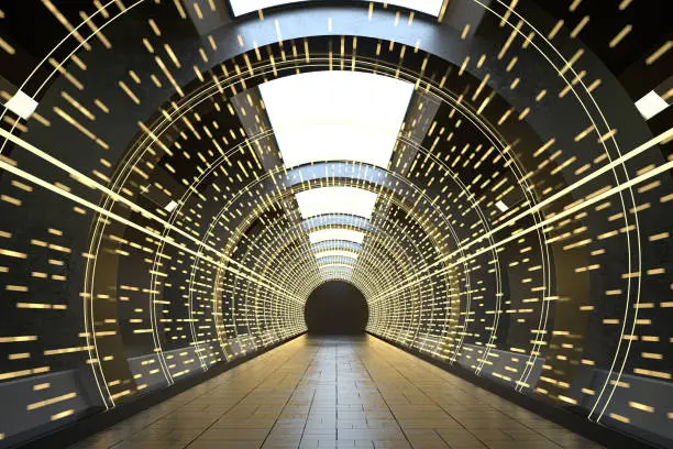 Photo of Dark round tunnel with glowing neon lights, 3d rendering.