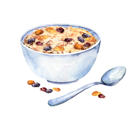 Porridge with raisins. Bowl with granola, muesli, oat and dry fruits and spoon. Watercolor breakfast food with berries