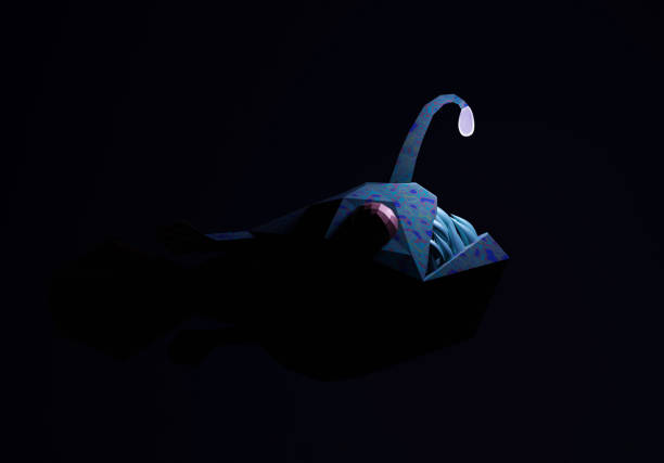 enojado pescador de aguas profundas caza con cebo luminoso, ilustración 3d - anglerfish fotografías e imágenes de stock