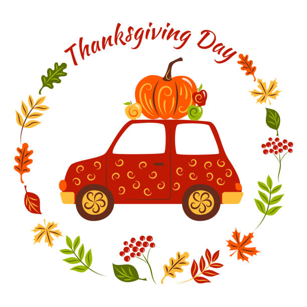 istock Red car with pumpkin and apples. Festive illustration for Thanksgiving Day. Greeting card. Vector. Isolated elements on a white background. 1287212887