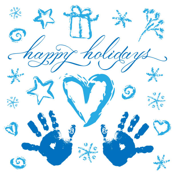 크리스마스 세트 : 아이들의 손자국, 마음, 별, 눈송이, 열매, 선물, 소용돌이, 해피 홀리데이 레터링. 흰색 배경에 파란색으로 이미지. 겨울을 사랑해요. 새해 복 많이 받으세요. 격리된 요소입니 - new year human hand human finger expressing positivity stock illustrations