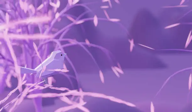 Photo of low poly polygonal bird sitting on a branch purple tree in fairy forest, 3d render