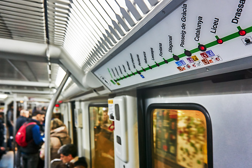 Barcelona, Spain - December 29, 2019: Passengers in the metro in Barcelona