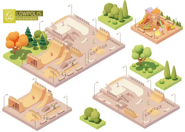 Vector illustration of Vector isometric playground and skatepark