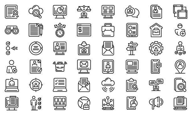 ilustrações de stock, clip art, desenhos animados e ícones de online job search icons set, outline style - group of objects business human resources laptop