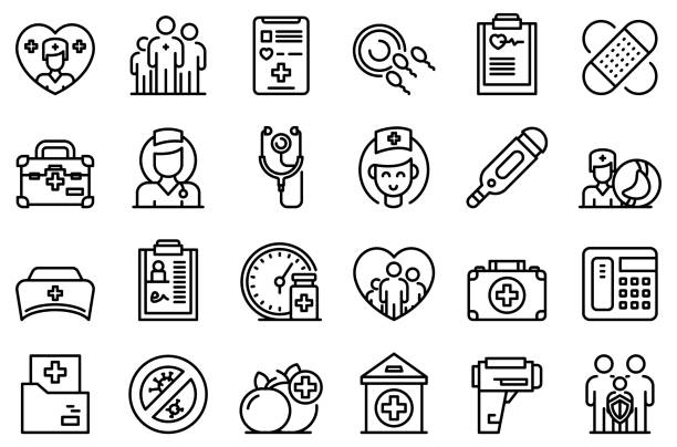 Family doctor icons set, outline style Family doctor icons set. Outline set of family doctor vector icons for web design isolated on white background general view stock illustrations