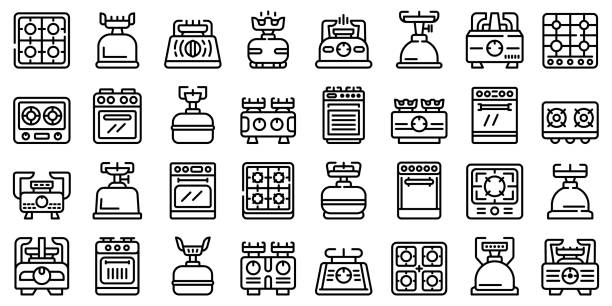 Burning gas stove icons set, outline style Burning gas stove icons set. Outline set of burning gas stove vector icons for web design isolated on white background gas stove burner stock illustrations