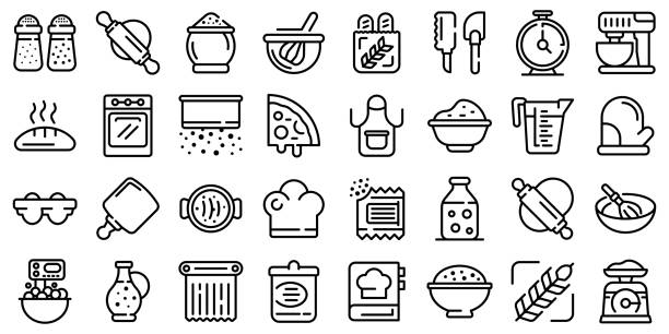 ilustrações de stock, clip art, desenhos animados e ícones de dough icons set, outline style - dough sphere kneading bread