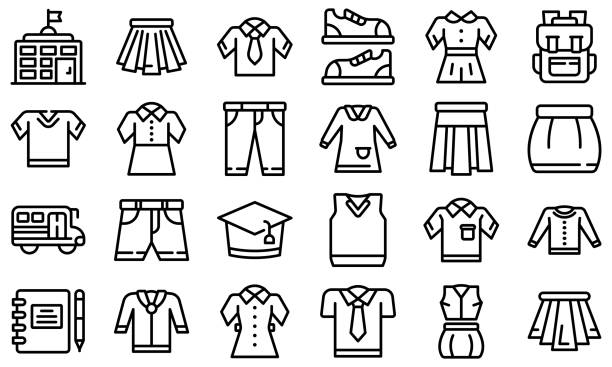 ilustraciones, imágenes clip art, dibujos animados e iconos de stock de conjunto de iconos de uniforme escolar, estilo de esquema - uniforme de colegio