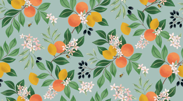 ilustrações de stock, clip art, desenhos animados e ícones de vector illustration of floral seamless pattern with fruits - fruit blossom