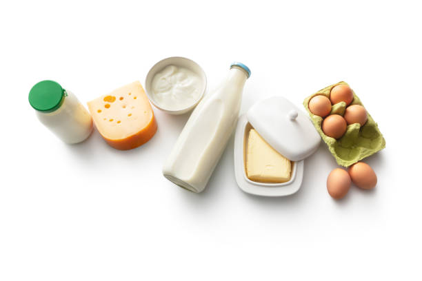 Dairy Products: Milk, Butter, Yogurt, Cheese, Cottage Cheese and Eggs Isolated on White Background