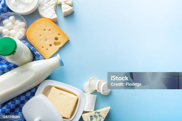 Dairy Products Dairy Products On Blue Background With Copy Space Stock Photo - Download Image Now