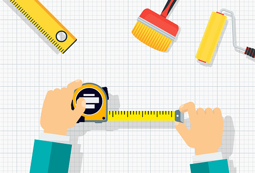 Measuring tape in the hands of a man. Template for a poster of a construction and repair company. Home repair, maintenance repair service, construction team and DIY. Flat vector illustration.