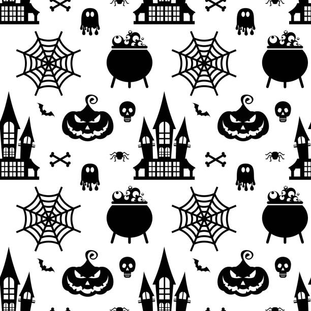 Vector Halloween seamless pattern. Black icons of skull, spider, pumpkins. Vector Halloween seamless pattern. Black icons of skull, spider, web, pumpkins, cauldron. Design elements for halloween party poster. Flat cartoon illustration. Objects isolated on a white background. seamless wallpaper video stock illustrations