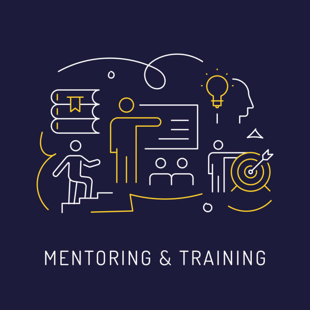 stockillustraties, clipart, cartoons en iconen met mentoring en training concept, modern line art icons achtergrond. lineaire stijl vector illustratie. - coach