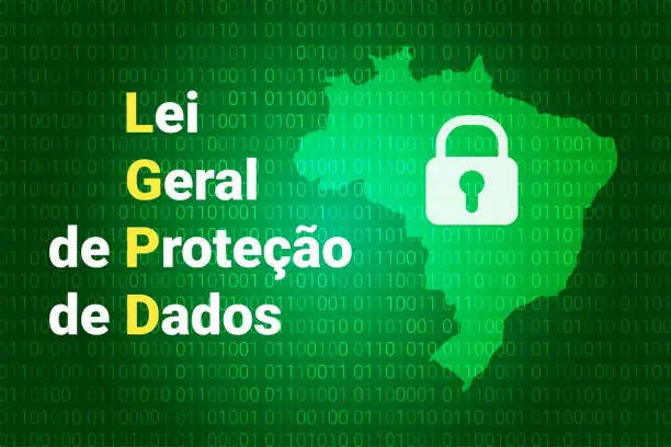 Vector illustration of LGPD - Brazilian Data Protection Authority DPA, rights under the Lei Geral de Prote o de Dados - Spanish . Vector background with lock and map of Brazil