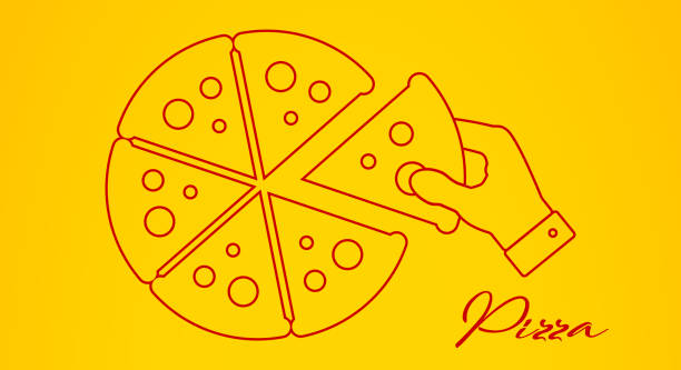 ilustrações, clipart, desenhos animados e ícones de mão leva uma fatia de pizza. ilustração vetorial de linha - cheese backgrounds pattern portion