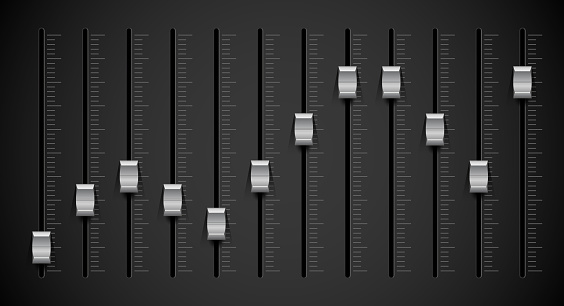 Black sound mixer panel. Silver sliders. 3D vector illustration