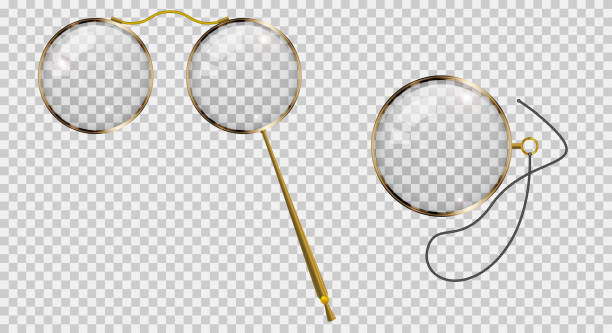 gold monocle on a cord, gold lorgnette on the handle. 3d vector illustration - monocle stock-grafiken, -clipart, -cartoons und -symbole