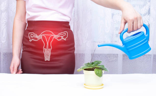 une femme dans le bureau arrose une fleur d’un arrosage. concept urinaire et reproducteur de maladies de système, incontinence urinaire, problèmes de réservoir souple, inflammation - enuresis photos et images de collection