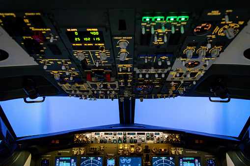 View of the cockpit of a modern jet airliner.
