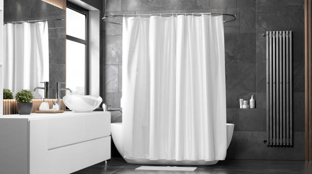 istock Blank white closed shower curtain mock up, front view 1287224407