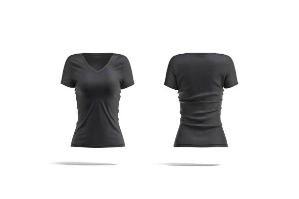 istock Blank black women slimfit t-shirt mockup, front and back view 1287225504