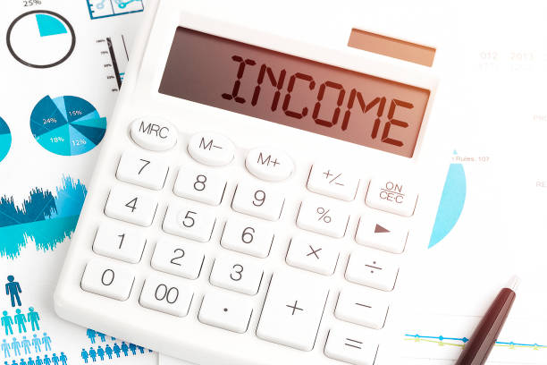 istock Text INCOME. Calculator, pen and charts, documents and graphs. 1287225630