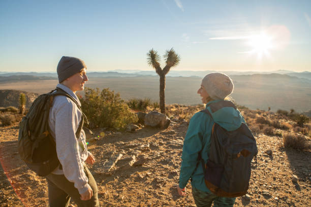 istock Couple contemplate landscape from mountain top at sunrise 1287227708