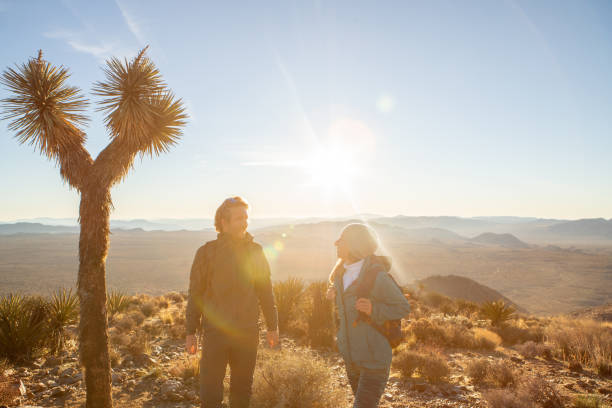 istock Two hikers at sunrise enjoy nature 1287228306