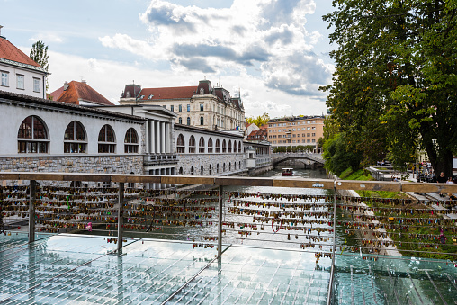 View over the Ljubljanica river to the famous market place in Ljubljana on sunny day