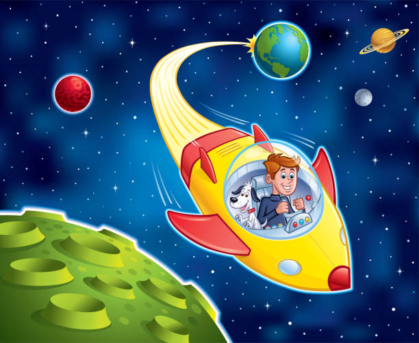 ilustrações, clipart, desenhos animados e ícones de menino voando nave espacial com cão de estimação através do espaço - 2334