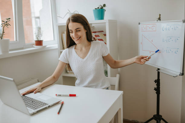 istock Young female teacher is having online class. 1287230597