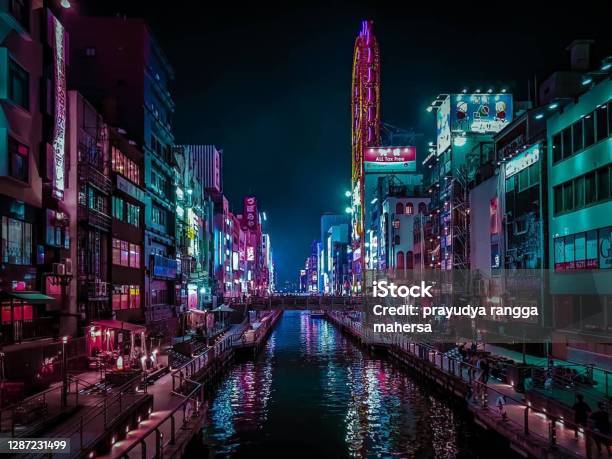 Night View At Dotonbori Stock Photo - Download Image Now - Osaka Prefecture, Neon Lighting, Night