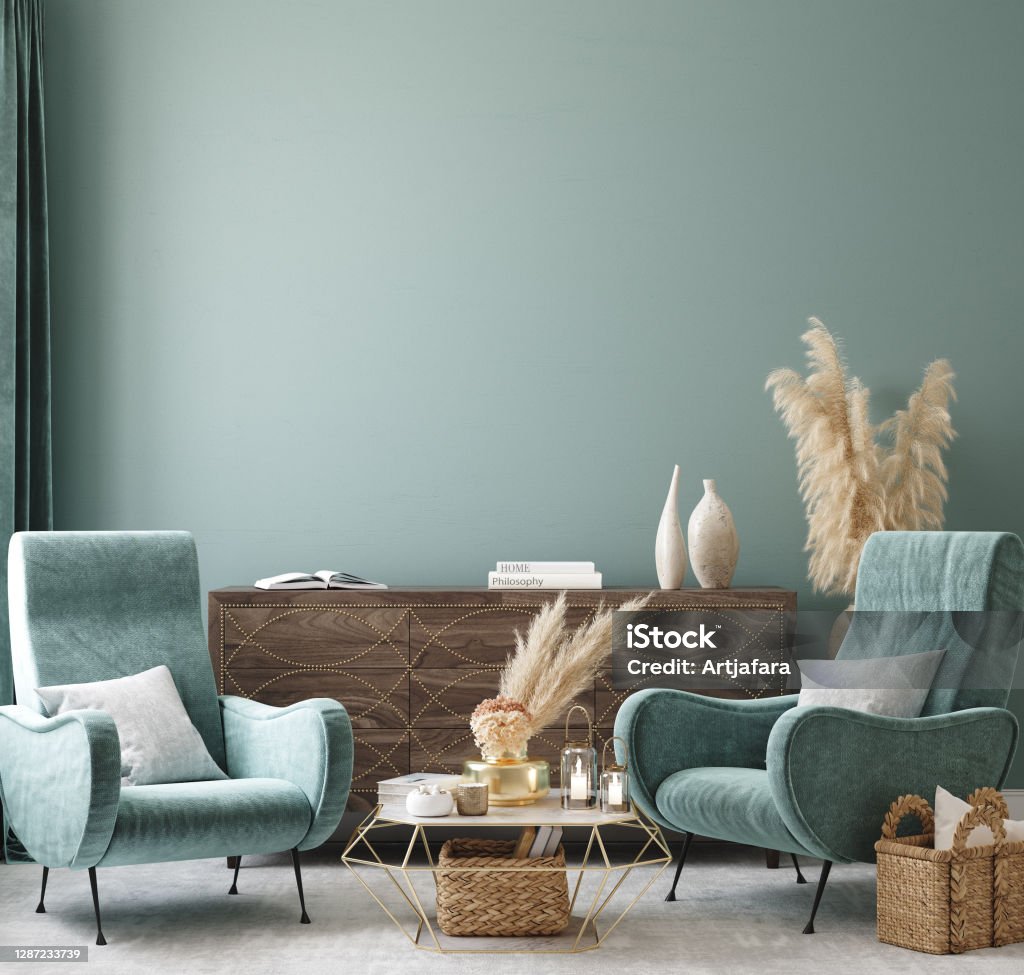 Home interior mock-up with turquoise armchairs, table and pampas Home interior mock-up with turquoise armchairs, table and pampas, 3d render Living Room Stock Photo