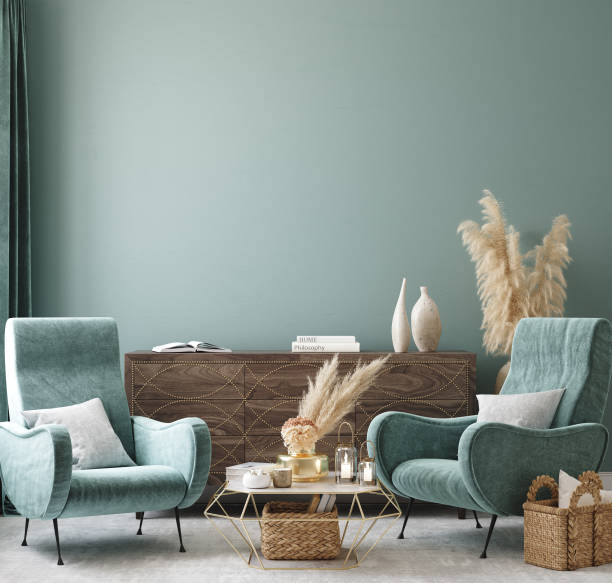Home interior mock-up with turquoise armchairs, table and pampas Home interior mock-up with turquoise armchairs, table and pampas, 3d render turquoise colored stock pictures, royalty-free photos & images