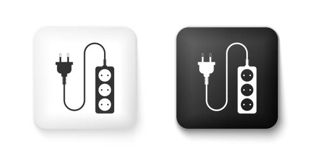 czarno-biała ikona przedłużacza elektrycznego izolowana na białym tle. gniazdo wtykowe. kwadratowy przycisk. wektor - extension cord push button cable electric plug stock illustrations