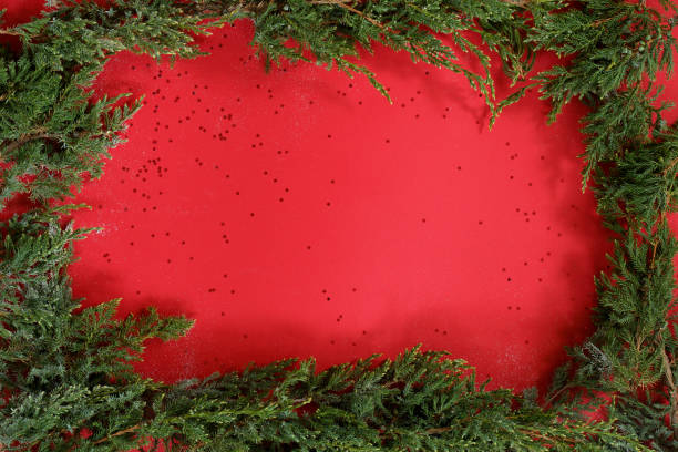 istock Flat lay new year Christmas pine tree branches on red paper background. 1287237320
