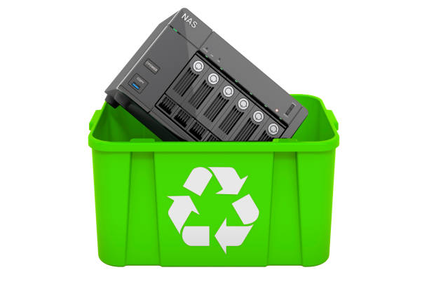 Recycling trashcan with NAS network-attached storage, 3D rendering isolated on white background