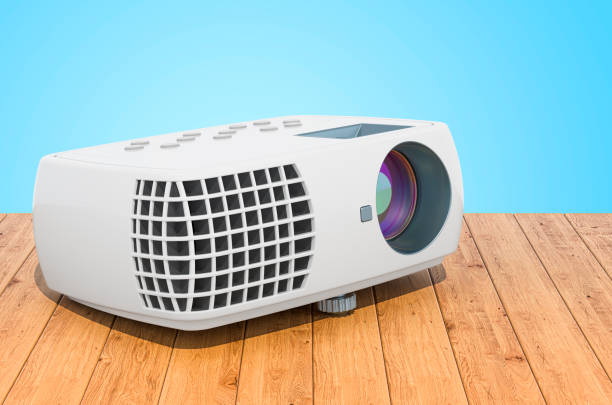 istock Projector on the wooden planks, 3D rendering 1287237746