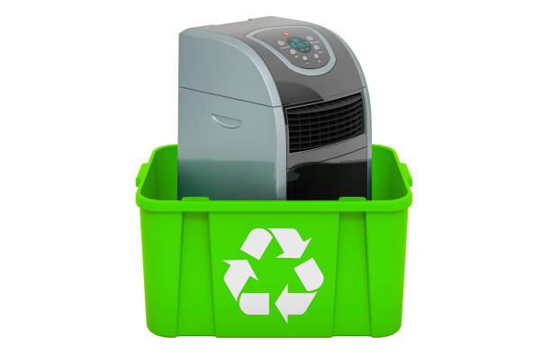 istock Recycling trashcan with portable air conditioner, 3D rendering isolated on white background 1287237763