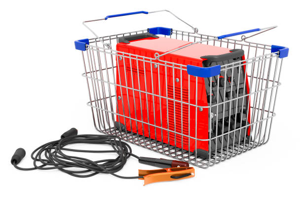 Shopping basket with multi-process welder, 3D rendering isolated on white background