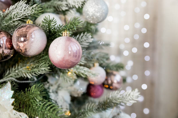 Christmas Decoration. Pink, silver and white Balls on Christmas tree branch. Holiday Card.Christmas toy ball hanging on branch of spruce. New year tree decorated with a garland.Stylish Christmas tree Christmas Decoration. Magenta Balls on Christmas tree branch isolated on white background. Holiday Card pink christmas tree stock pictures, royalty-free photos & images