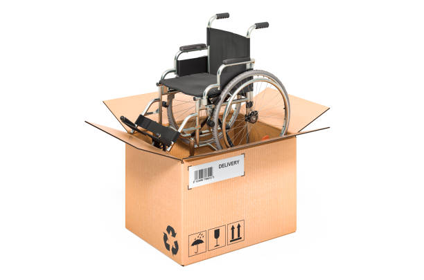 Manual wheelchair inside cardboard box, delivery concept. 3D rendering isolated on white background