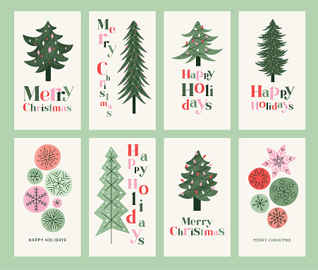 Set of retro Christmas cards with Christmas trees and colorful snowflakes.
Editable vectors on layers.