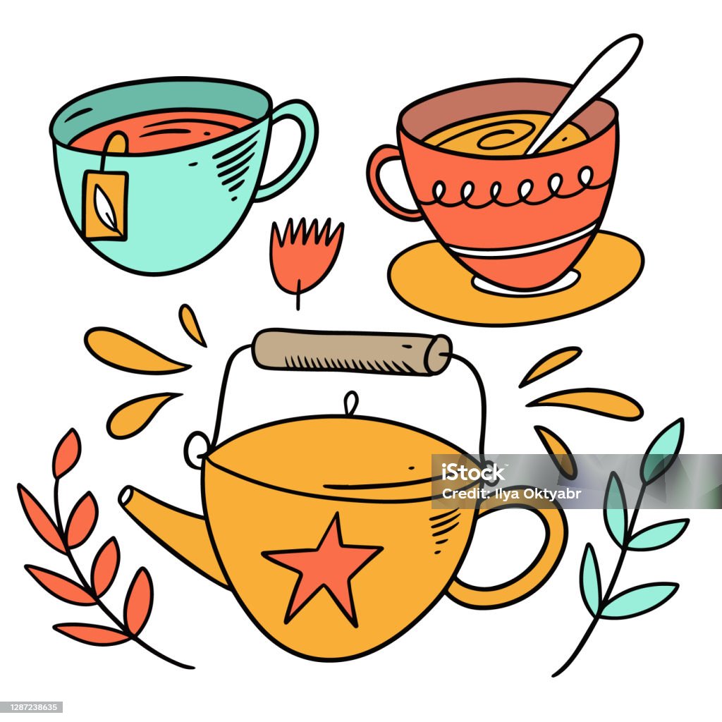 Tea Elements Set Doodle Style Colorful Cartoon Vector Illustration Stock  Illustration - Download Image Now - iStock