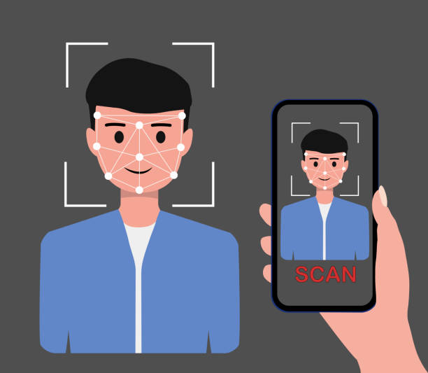 Face ID, facial recognition, biometric identification, personal verification, cyber protection, identity detection AI algorithms. 3d face scaner with a smartphone. Vector illustration. Face ID, facial recognition, biometric identification, personal verification, cyber protection, identity detection AI algorithms. 3d face scaner with a smartphone. Vector illustration. face scan stock illustrations